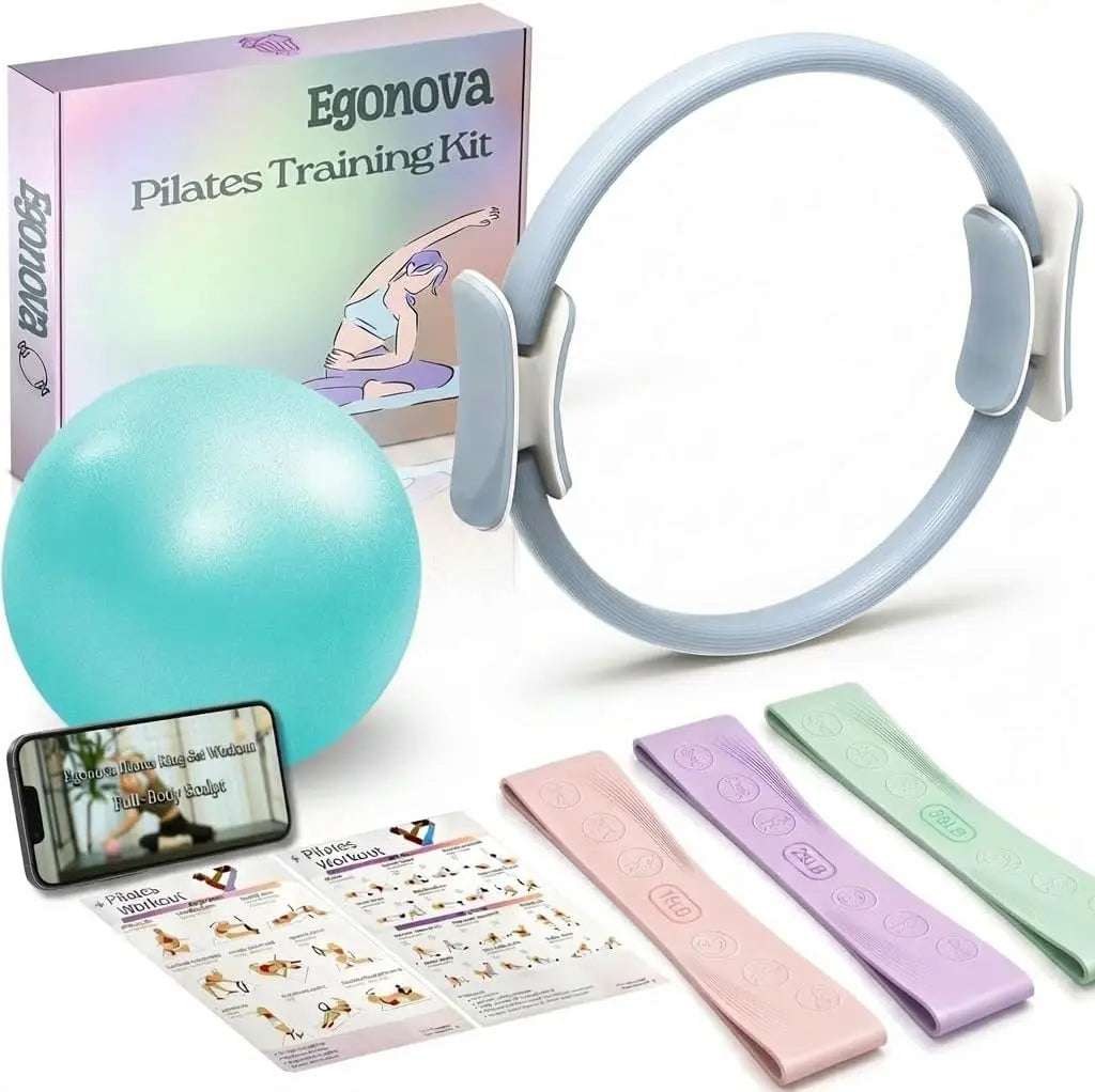 14-Inch Pilates Ring Set - Home Pilates Equipment, Yoga Equipment with Dual Padded Handles, Exercise Ball, Durable Elastic Bands (15,25,35 Lbs) for Functional Training Workout & Body Toning
