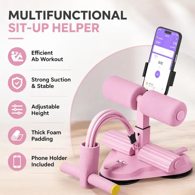 Pink Sit-Up Assistant Trainer with Resistance Bands, Phone Holder, Suction Cup - Home Abs Workout Stomach Equipment, Ab Equipment for Back Extension, Glute Hyperextension Glutes Ab Machine for Home Foam Roller Ab Roller Wheel Glutes Trainer