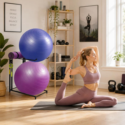 Exercise Ball Holder Stability Ball Rack with Hooks Space-Saving Medicine Ball Rack Garage Stability Ball Organizer Stand Home Gym Organizer and Storage Rack for Resistance Bands and Equipment