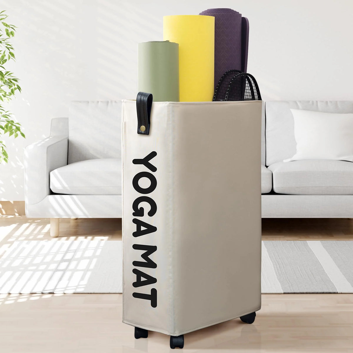 Yoga Mat Storage Rack, 27’’ Large Yoga Mat Holder Accessories, Home Gym Equipment Storage Yoga Mats, Workout Equipment Organization with Wheels, White