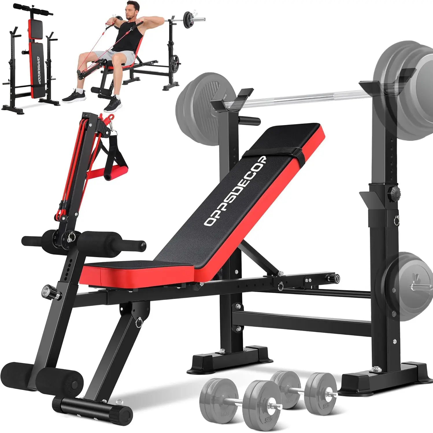 OPPSDECOR Olympic Adjustable Workout Bench - Multifunctional Bench with Lifting Free-Weight Rack, Barbell Pad, Hip Abduction Machine, Vibration Plate - Steel Frame Fitness Equipment, Space Saver for Full Body Home Gym Workouts, Adjustable Workout Benches