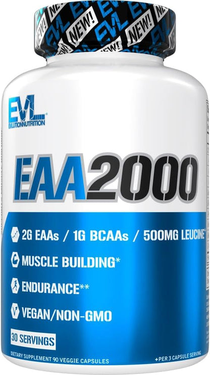 EVL EAA2000 - Essential Amino Acids Capsules - 30 Servings | EAA Supplement for Pre & Post Workout Muscle Building Endurance and Recovery Support with 2G per Serving + 1G Bcaas