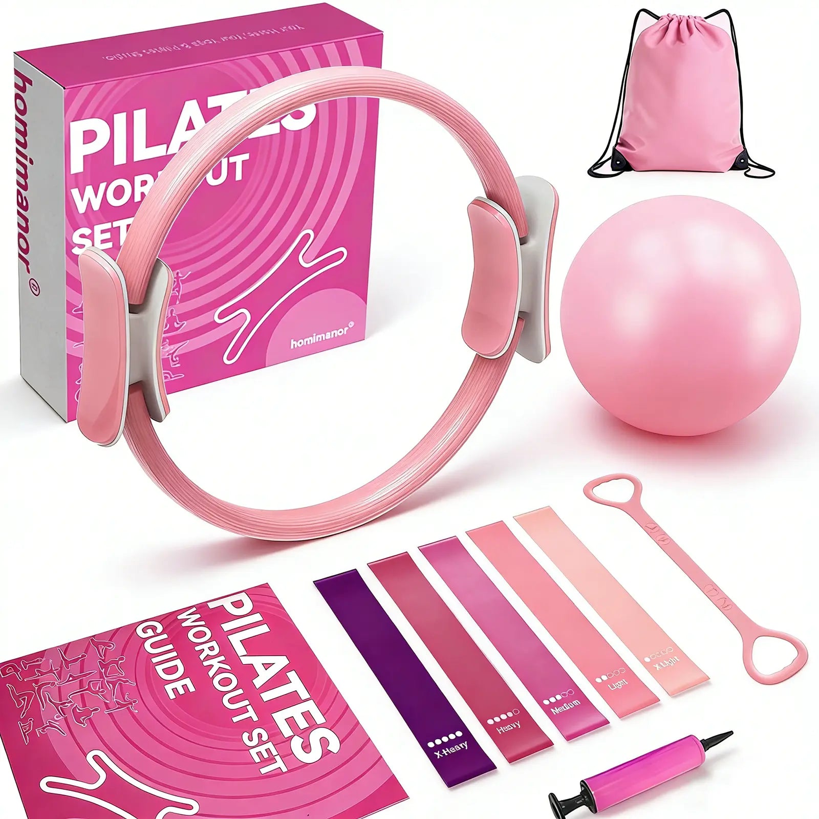 Homimanor Pilates Ring Set for Women Home Workout, Pilates Equipment Set for Beginners with 15'' Magic Circle, 9.8" Yoga Ball and Resistance Bands, Pilates Kit for Full Body Toning,Camping Essentials