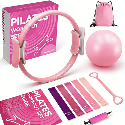 Homimanor Pilates Ring Set for Women Home Workout, Pilates Equipment Set for Beginners with 15'' Magic Circle, 9.8" Yoga Ball and Resistance Bands, Pilates Kit for Full Body Toning,Camping Essentials