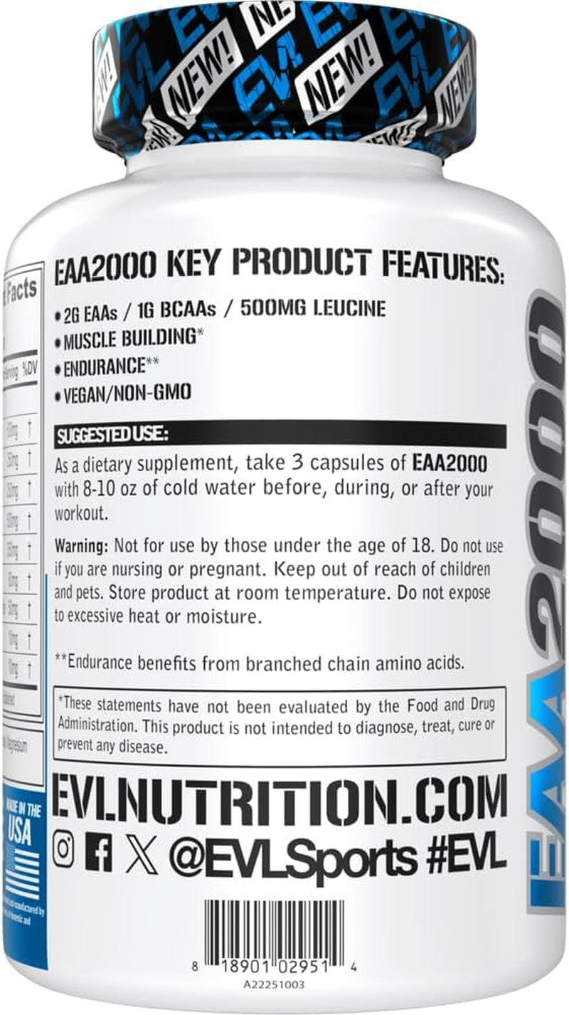 EVL EAA2000 - Essential Amino Acids Capsules - 30 Servings | EAA Supplement for Pre & Post Workout Muscle Building Endurance and Recovery Support with 2G per Serving + 1G Bcaas