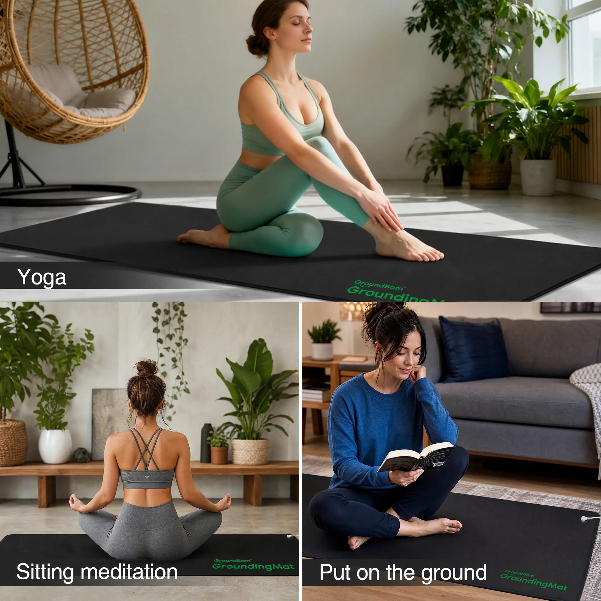 Groundbam Grounding Mat for Yoga, 72"×24" Large Grounding Yoga Mat, Black Non‑Slip PU Leather Grounding Mattress Earthing Pad with Grounding Cord, Grounding Mat for Sleep, Yoga, Pilates Bedroom & Office Use