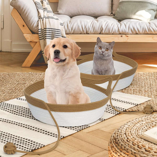 Cotton Rope Cat Bed, Foldable Sleeping Basket with Playing Rope Ball, Hand Woven Small Dogs Sofa Bed, Kitten Shaped House for Pets (Medium, Brown & Beige)