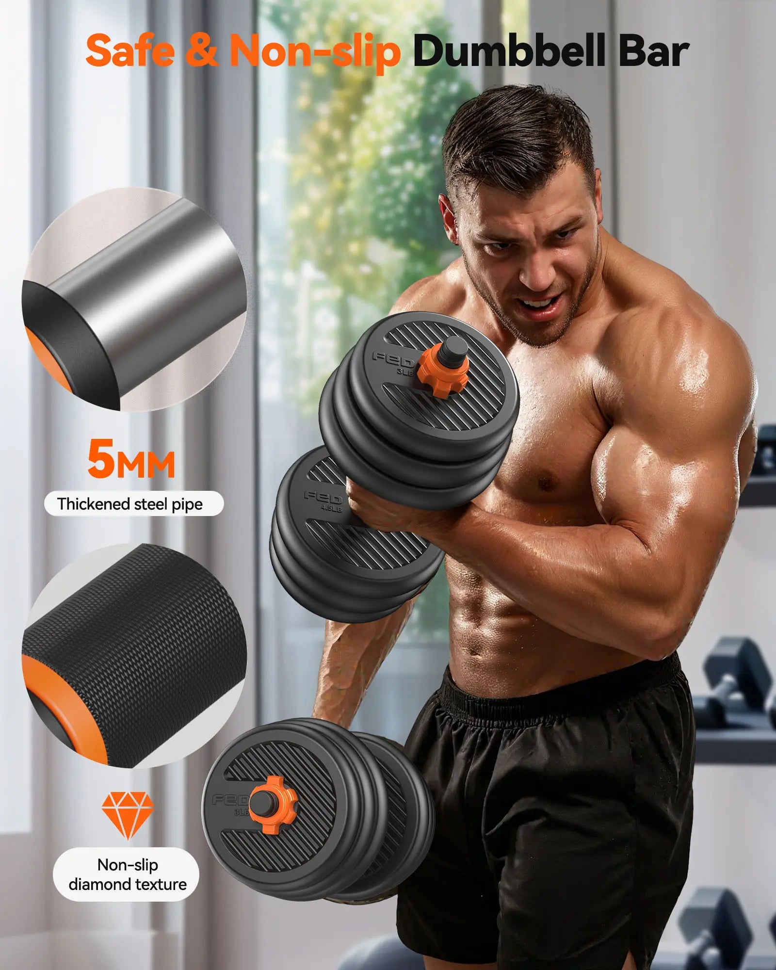 FED Fitness Feierdun Series DS2 Dumbbell Set 20/45/70/90Lbs, 5-In-1 Free Weights with Connector, Convert to Barbell/Kettlebell/Push-Up Stand, Home Gym Equipment for Men & Women