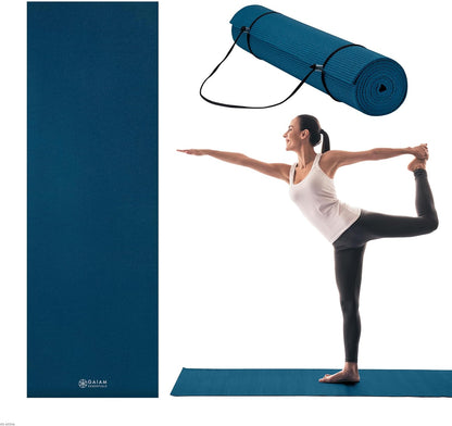 Gaiam Essentials 1/4" Thin (6Mm) Yoga & Pilates, Fitness & Exercise Mat with Easy-Cinch Carrier Strap Cusion Support for Fitness and Gym Workouts