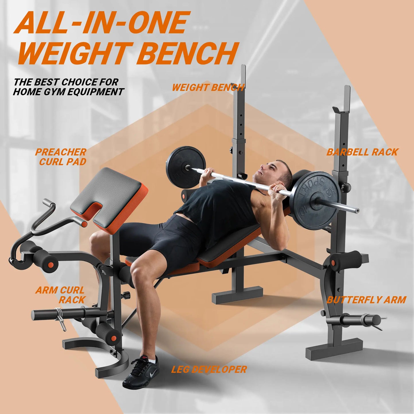 Bearbro 660Lb 6-In-1 Adjustable Weight Bench with Multi-Purpose Workout Bench Set with Barbel Rack and Leg Developer for Home Gym Full Body Function Strength Training，Barbell Rack Can Support up to 990 Pounds