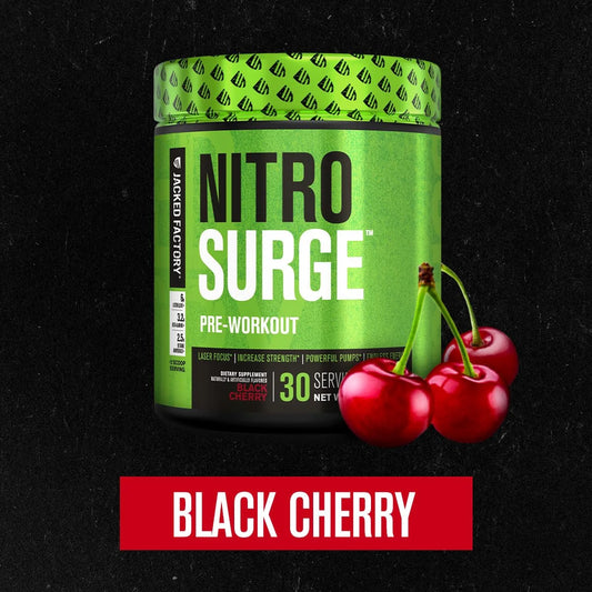 NITROSURGE Pre Workout Supplement - Endless Energy, Instant Strength Gains, Clear Focus and Intense Pumps - NO Booster & Powerful Preworkout Energy Powder - 30 Servings, Black Cherry