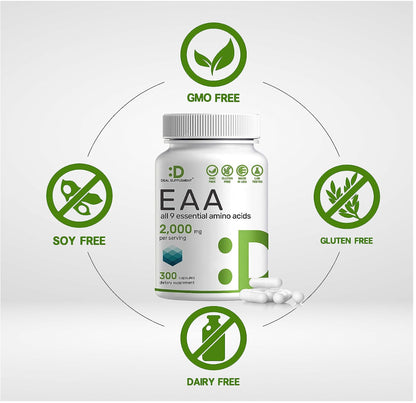 Essential Amino Acids Supplement EAA - 2000Mg All 9 - High Potency 300 Capsules