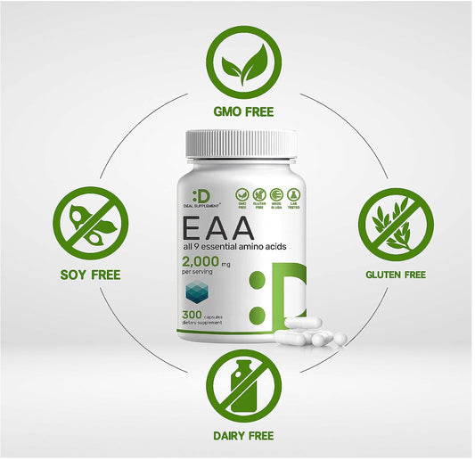 Essential Amino Acids Supplement EAA - 2000Mg All 9 - High Potency 300 Capsules
