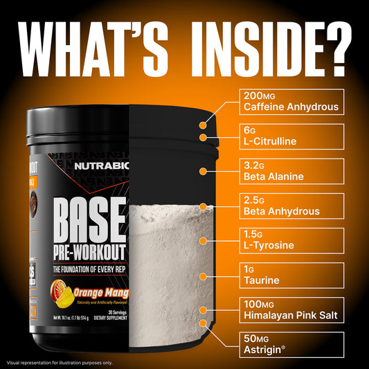 Base Pre-Workout Powder- 200Mg Caffeine- Endurance, Pump, Clean Pre-Workout -30 Servings - Orange Mango