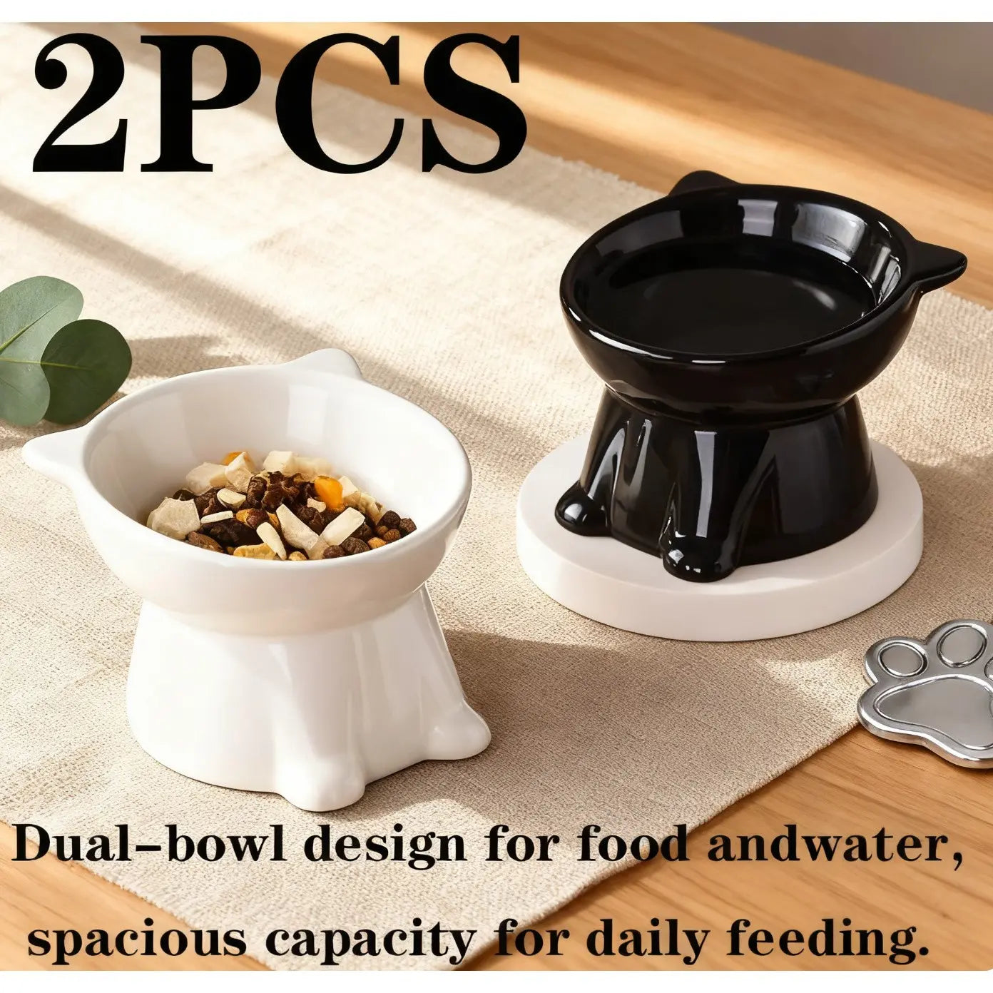 2-Piece Set /Pure Elevated Pet Feeding Bowls, Anti-Vomit Design, Protects Neck & Spine, Non-Slip Base, Durable Plastic, Suitable for Cats & Small Dogs