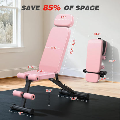 Workout Bench, 10 Backrests Adjustable Weight Bench with Extended Headrest, 800LBS Foldable Weight Bench for Home Gym, Incline Decline Flat Bench Compact for Small Space Training