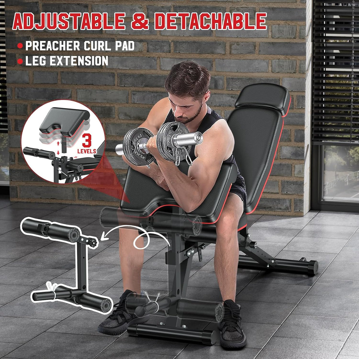 Workout Bench, Adjustable Weight Bench with Leg Extension and Leg Curl, Extended Headrest, 900LBS Preacher Curl Bench Incline Decline Flat Workout Bench for Home Gym Full Body Exercise