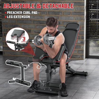 Workout Bench, Adjustable Weight Bench with Leg Extension and Leg Curl, Extended Headrest, 900LBS Preacher Curl Bench Incline Decline Flat Workout Bench for Home Gym Full Body Exercise