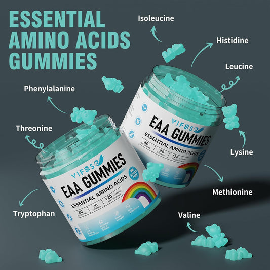 EAA Gummies 120 Gummies (Blue Raspberry), Essential Amino Acids - All 9 Essential Aminos (EAA) and All Branched-Chain Aminos (Bcaas), Non-Gmo, Gluten Free, Vegetarian Friendly