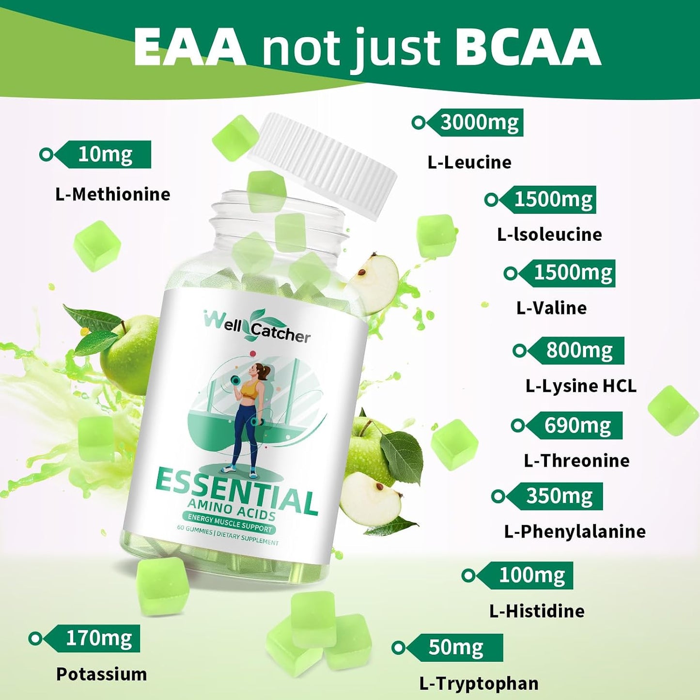 EAA Gummies Essential Amino Acids - All 9 Essential Aminos and All Branched-Chain Aminos (Bcaas) with Muscle Recovery, Energy Support Sugar Free Green Apple Flavor 30 Servings