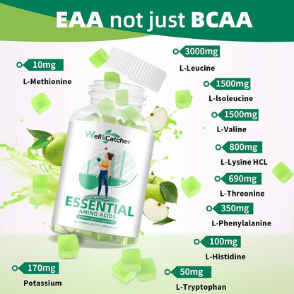 EAA Gummies Essential Amino Acids - All 9 Essential Aminos and All Branched-Chain Aminos (Bcaas) with Muscle Recovery, Energy Support Sugar Free Green Apple Flavor 30 Servings