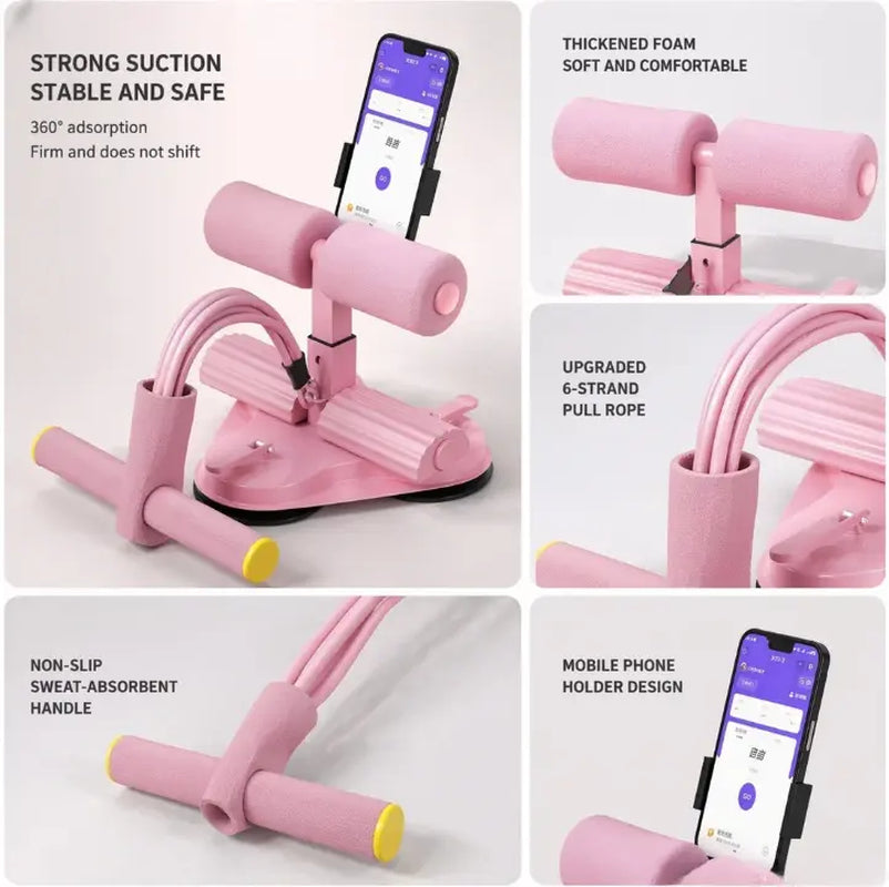 Pink Sit-Up Assistant Trainer with Resistance Bands, Phone Holder, Suction Cup - Home Abs Workout Stomach Equipment, Ab Equipment for Back Extension, Glute Hyperextension Glutes Ab Machine for Home Foam Roller Ab Roller Wheel Glutes Trainer