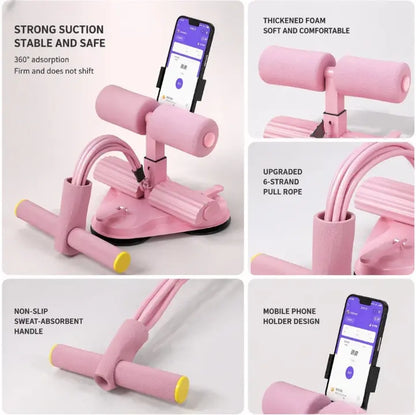 Pink Sit-Up Assistant Trainer with Resistance Bands, Phone Holder, Suction Cup - Home Abs Workout Stomach Equipment, Ab Equipment for Back Extension, Glute Hyperextension Glutes Ab Machine for Home Foam Roller Ab Roller Wheel Glutes Trainer