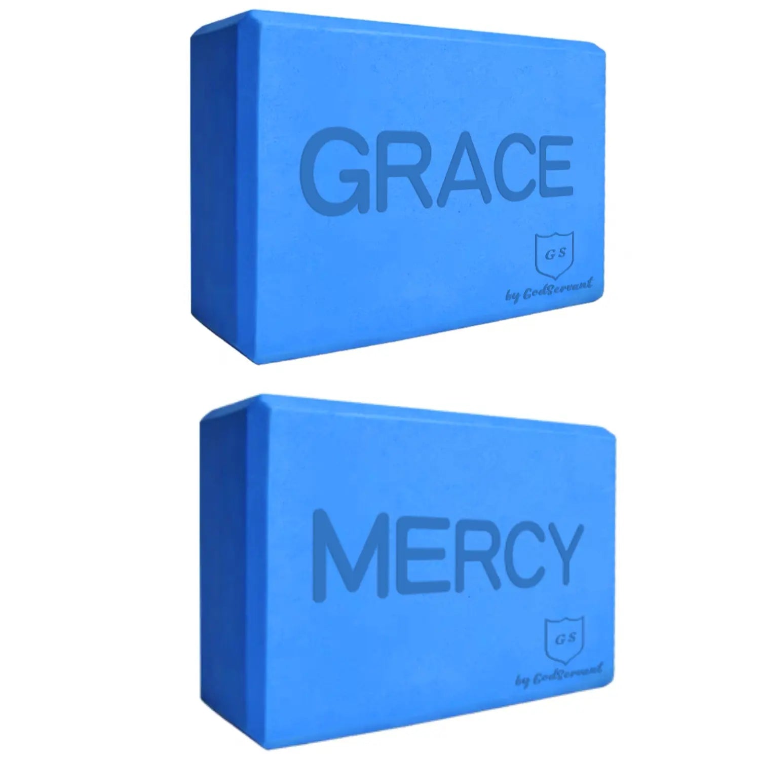 Godservant Inspirational Blue Yoga Blocks 2 Pack – Grace and Mercy; EVA Foam Exercise Block; Non-Slip and Lightweight; Improve Flexibility; Deepen Stretches; Pilates Brick