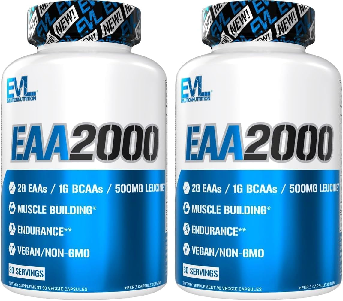 EVL EAA2000 - Essential Amino Acids Capsules - 30 Servings | EAA Supplement for Pre & Post Workout Muscle Building Endurance and Recovery Support with 2G per Serving + 1G Bcaas