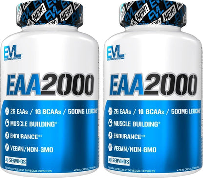EVL EAA2000 - Essential Amino Acids Capsules - 30 Servings | EAA Supplement for Pre & Post Workout Muscle Building Endurance and Recovery Support with 2G per Serving + 1G Bcaas