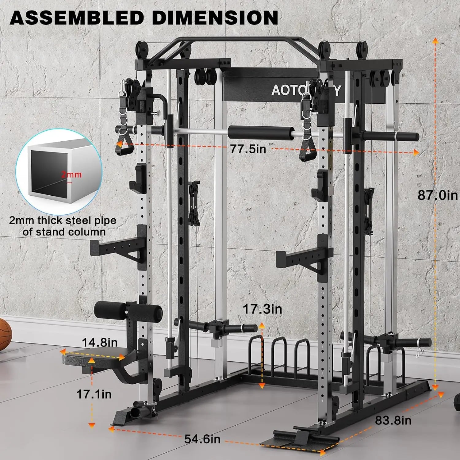 Sturdy Heavy-Duty Steel Smith Machine Power Cage - Adjustable Multifunctional Home Gym Station with LAT Pulldown System, Cable Crossover, Multifunctional Squat Rack, Squat Workout Machine, Strength Training Accessory for Full-Body Training, Workout Equipm
