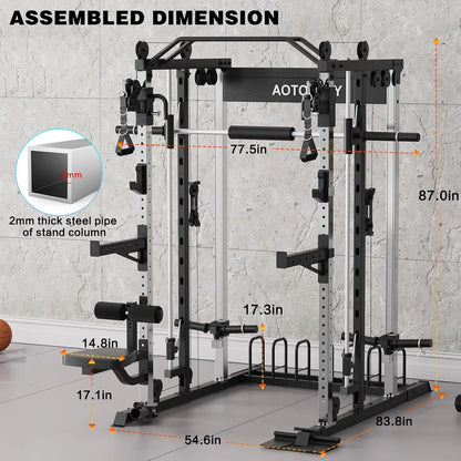 Sturdy Heavy-Duty Steel Smith Machine Power Cage - Adjustable Multifunctional Home Gym Station with LAT Pulldown System, Cable Crossover, Multifunctional Squat Rack, Squat Workout Machine, Strength Training Accessory for Full-Body Training, Workout Equipm