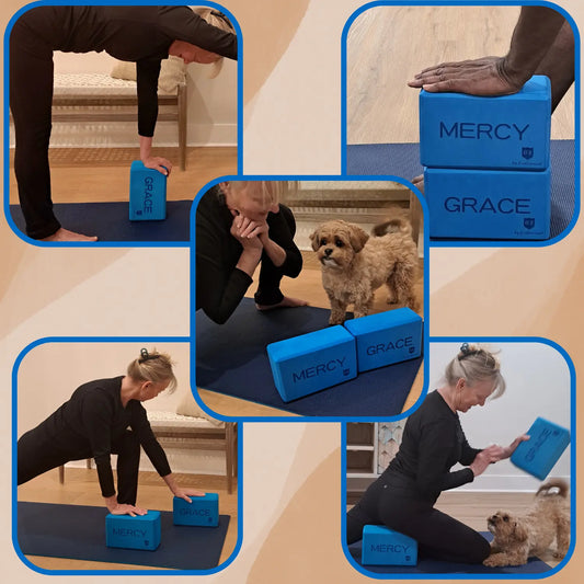 Godservant Inspirational Blue Yoga Blocks 2 Pack – Grace and Mercy; EVA Foam Exercise Block; Non-Slip and Lightweight; Improve Flexibility; Deepen Stretches; Pilates Brick
