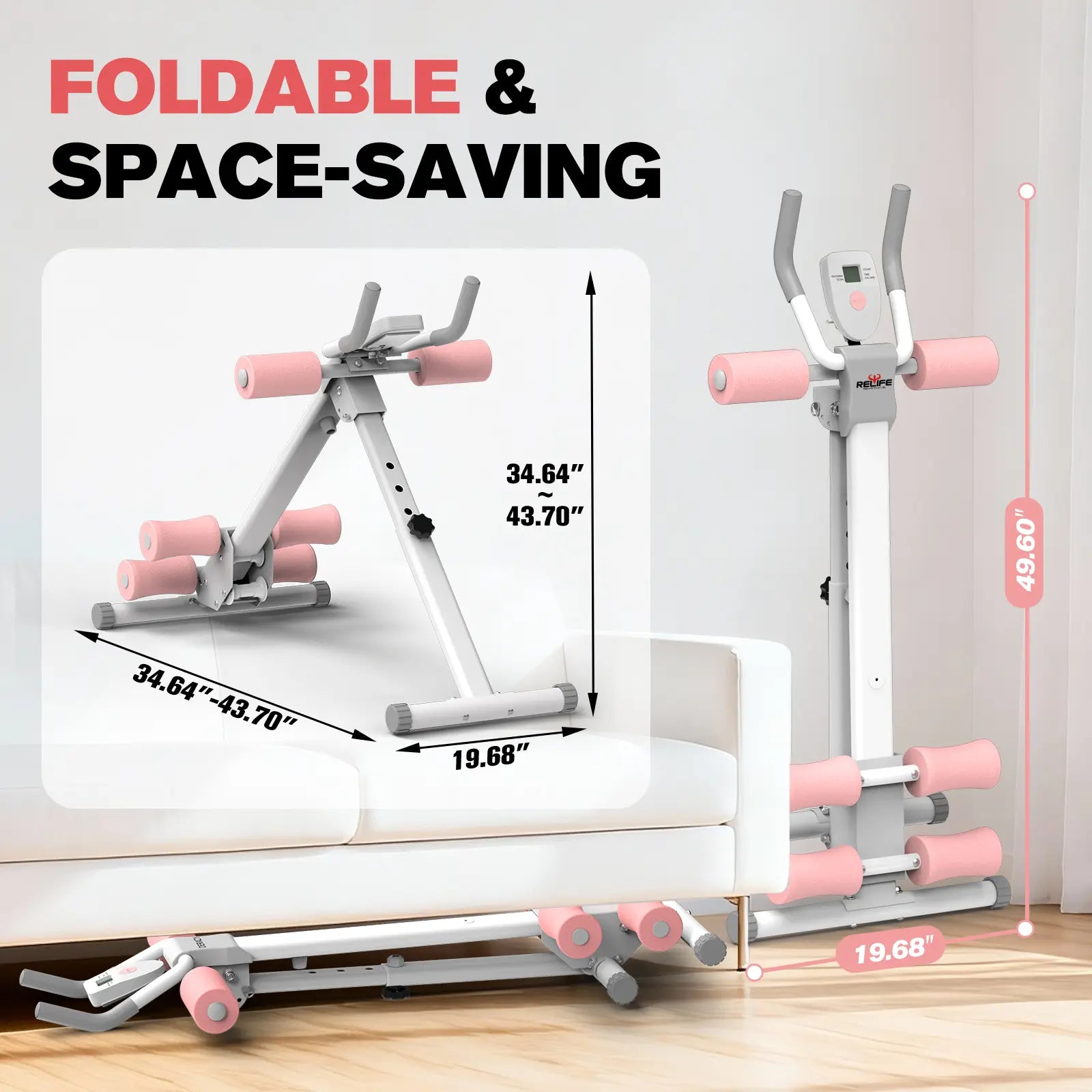 RELIFE REBUILD YOUR LIFE Abs Workout Machine, Pink Foldable Exercise Equipment, Alloy Steel Abdominal Cruncher with 2 Incline Levels for at Home Workouts, Home Gym, at Home Gym Equipment Tiktokshopbacktoschool