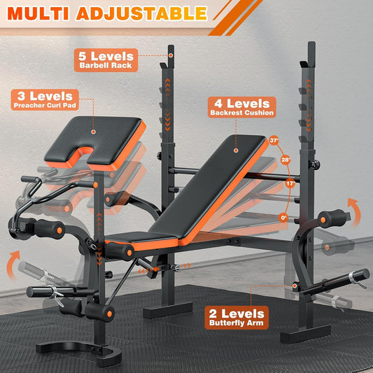 Bench Press, 6 in 1 Olympic Weight Bench with Leg Extension, Curl and Squat Rack, 770LBS Multi Weight Benches for Home Gym, Workout Bench Flat Incline Lifting Bench for Strength Training
