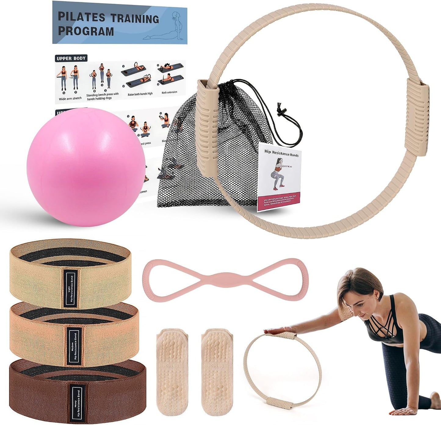 Pilates Essentials Kit for Women, 13.5" Magic Circle Fitness Set | with Mini Ball & Resistance Bands, for Beginner Home Workouts, Including Exercise Guide