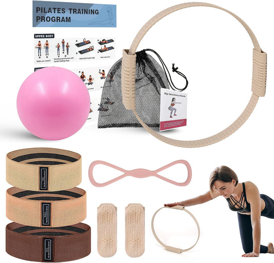 Pilates Essentials Kit for Women, 13.5" Magic Circle Fitness Set | with Mini Ball & Resistance Bands, for Beginner Home Workouts, Including Exercise Guide