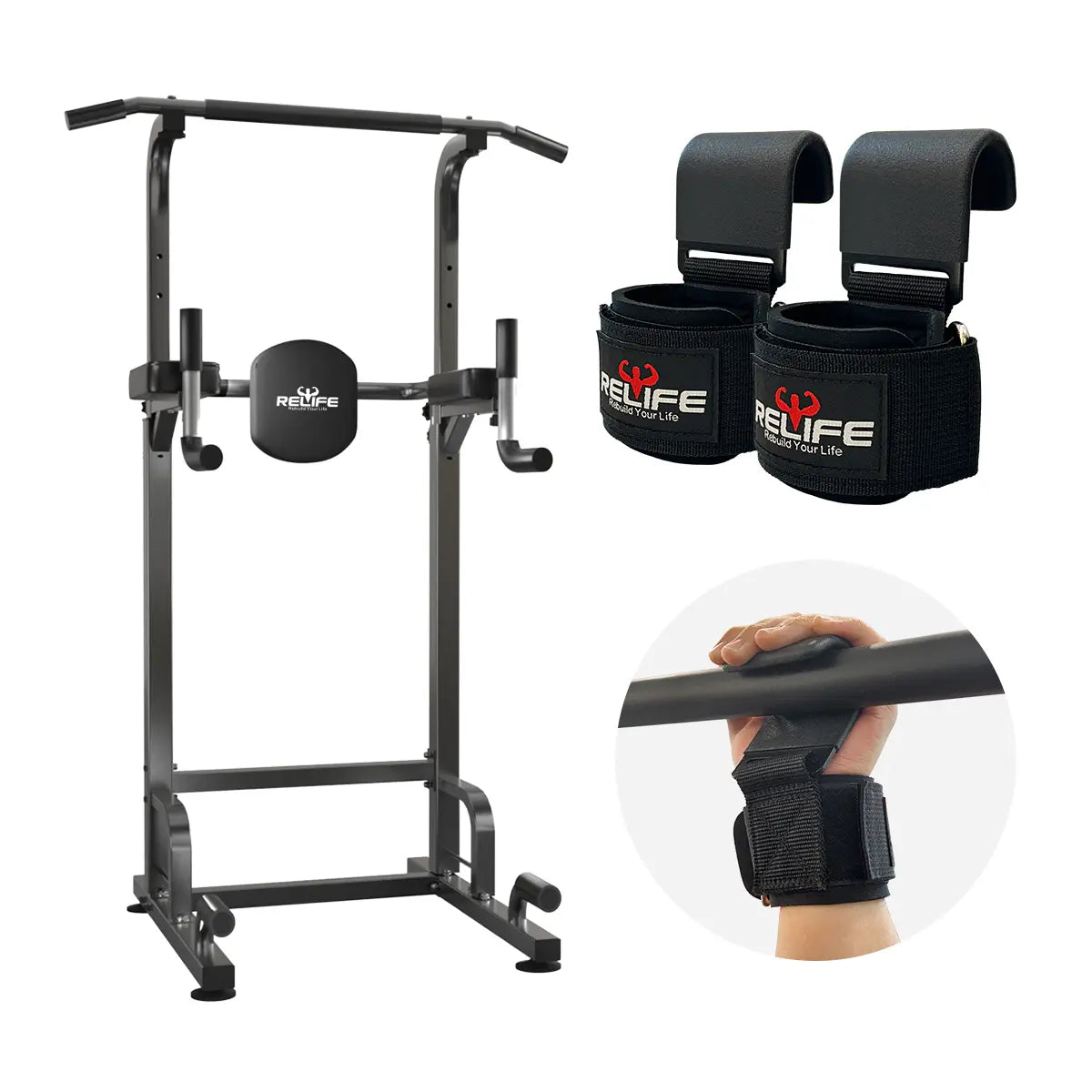 Relifesports 450LBS Power Tower Multi-Function Dip Station, Pull-Up Station & Push-Up Station Adjustable Workout Equipment for Home Full Body Training