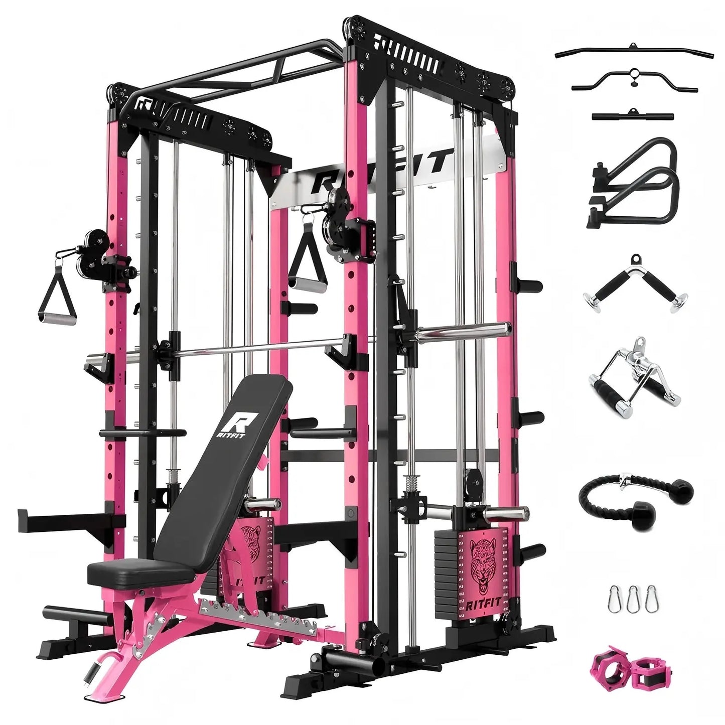 RITFIT Pink M1 Pro/2.0 Multifunctional Smith Machine - at Home Gym Equipment with Cable Crossover System, Squat Rack, Adjustable Strength Training Gear, Home Exercise Station, Home Exercise Equipment