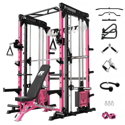 RITFIT Pink M1 Pro/2.0 Multifunctional Smith Machine - at Home Gym Equipment with Cable Crossover System, Squat Rack, Adjustable Strength Training Gear, Home Exercise Station, Home Exercise Equipment