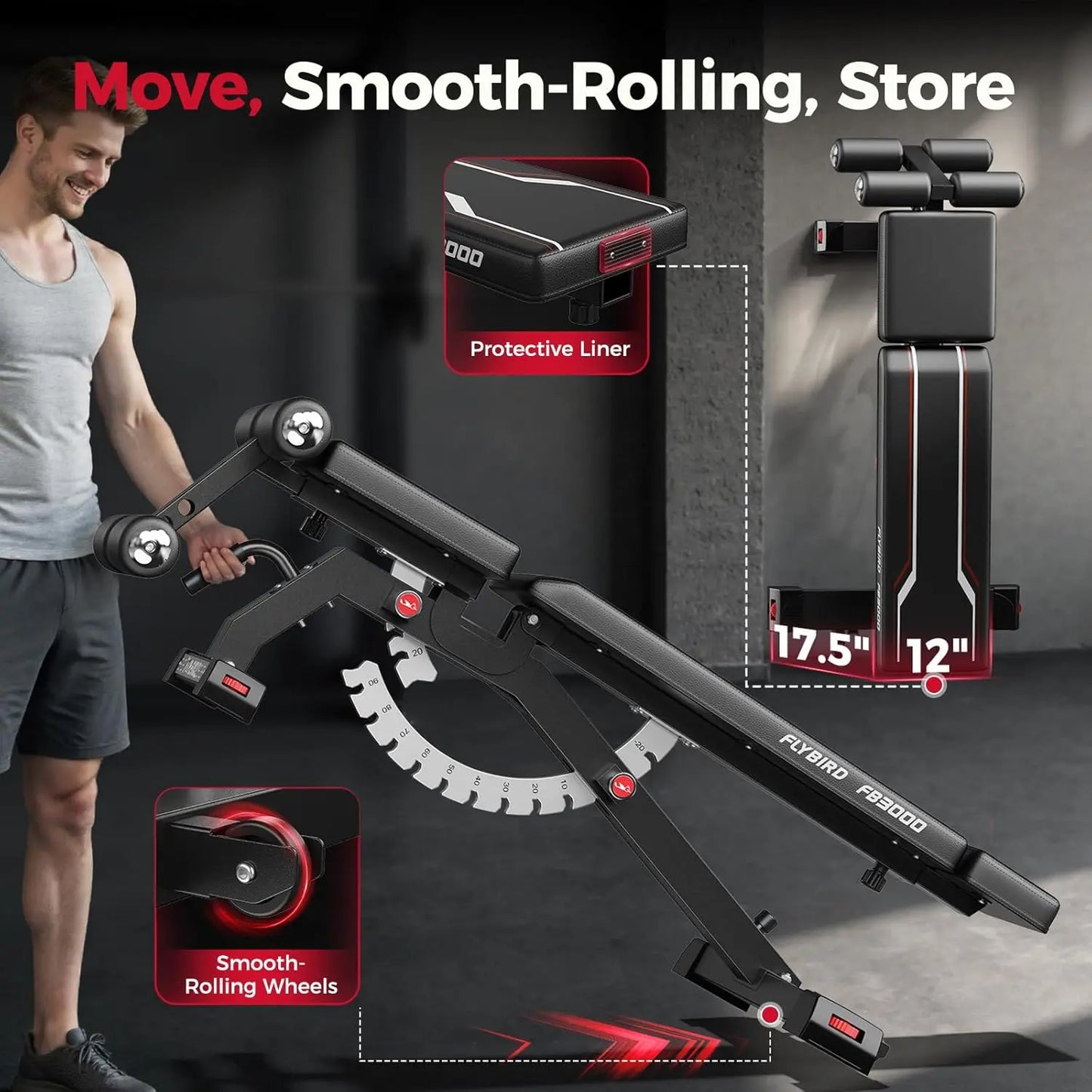 FED Fitness Flybird Series WB8 Weight Bench, Adjustable Weight Bench Can Be Folded for Storage/Vertical Storage, Space-Saving Workout Bench