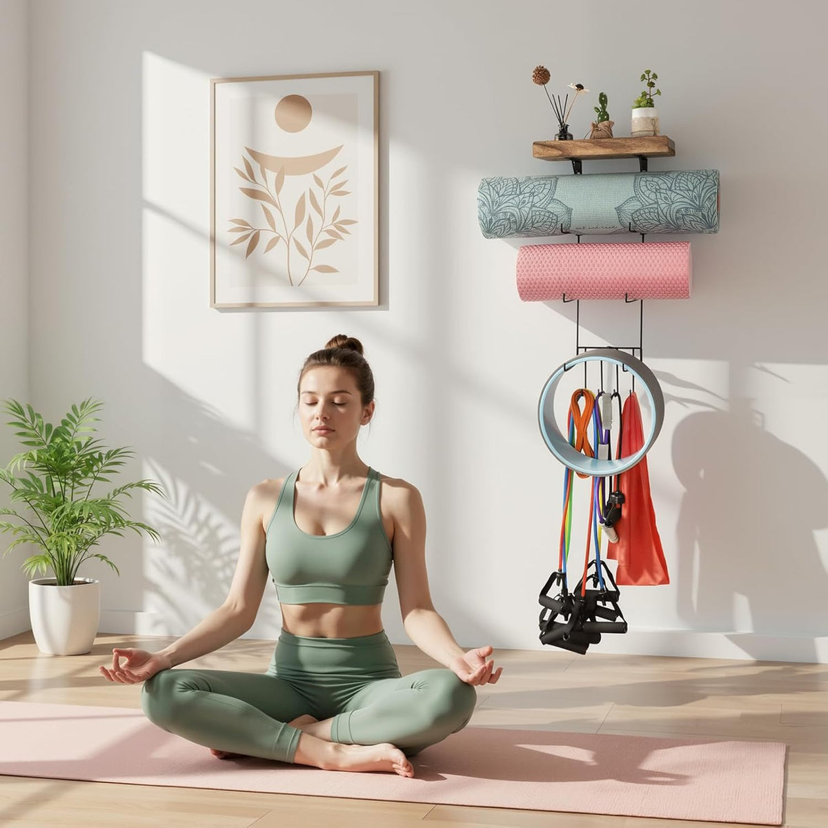 Yoga Mat Holder Accessories Wall Mount Organizer Storage Decor Foam Roller and Towel Storage Rack with 4 Hooks and Wooden Shelves Yoga Mats Rack Resistance Bands for Home Gym School Office