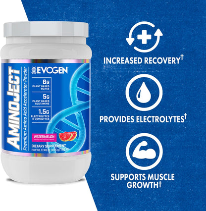 Aminoject Recovery Formula | Watermelon | 30 Servings | 6G Fermented Plant-Based Bcaas, 5G Glutamine, Electrolytes, Betaine and L-Citrulline for Hydration and Endurance