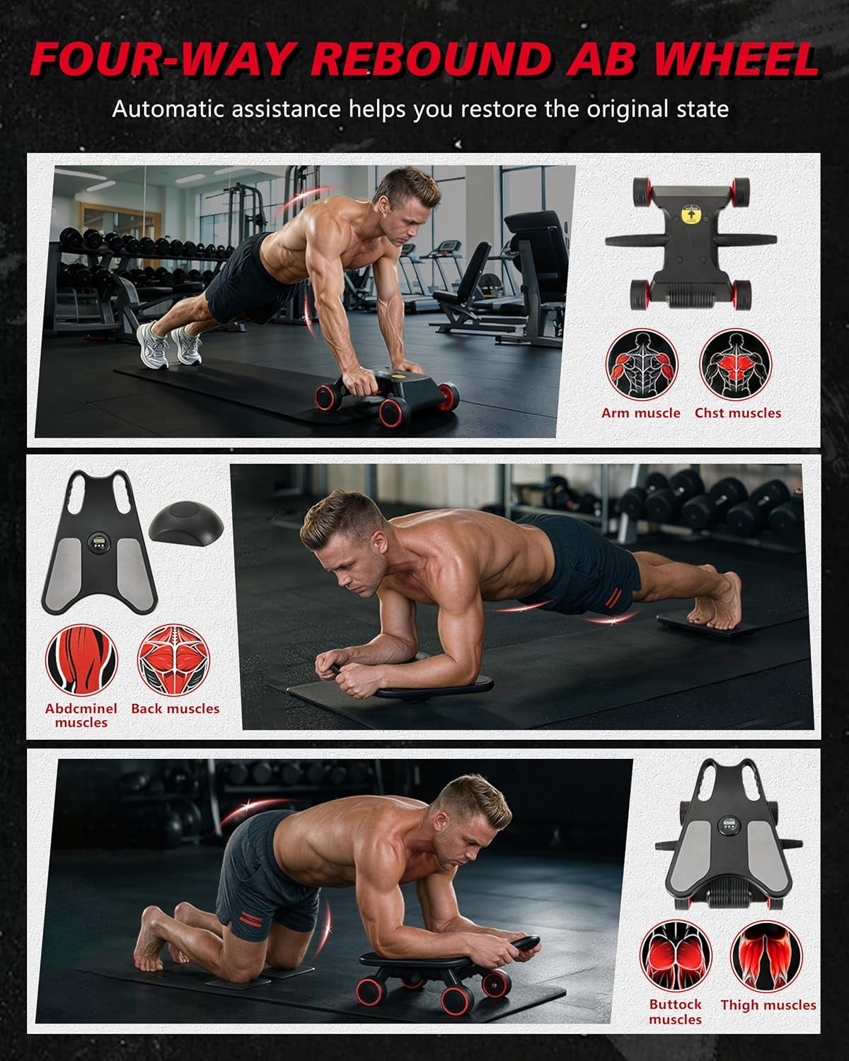 Ab Roller Wheel, Ab Roller, Upgraded Automatic Rebound Ab Roller with Elbow Support, Knee Mat & Timer, 4 Wheels Ab Workout Equipment for Core Strength Training, Silent Ab Wheel for Beginners Men Women Home Gym Fitness