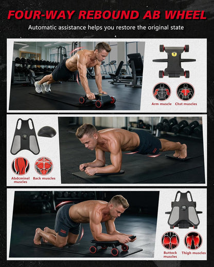 Ab Roller Wheel, Ab Roller, Upgraded Automatic Rebound Ab Roller with Elbow Support, Knee Mat & Timer, 4 Wheels Ab Workout Equipment for Core Strength Training, Silent Ab Wheel for Beginners Men Women Home Gym Fitness