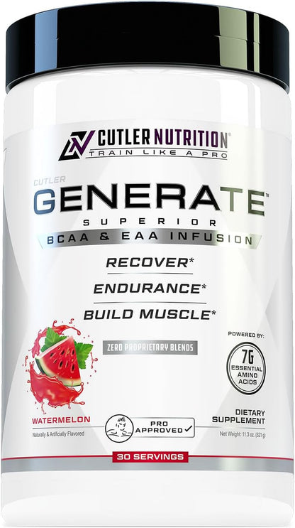 Generate EAA and BCAA Powder: Best Post Workout Recovery Drink and Branched Chain Amino Acids Supplement with Essential Amino Acids, 5G Bcaas, 2G Eaas for Lean Muscle Mass | Watermelon, 30 Servings | 11.3 Oz | 5G Bcaas and 2G Eaas per Serving for Post-Workout Recovery, Hydration, Lean Muscle Support and Protein Synthesis