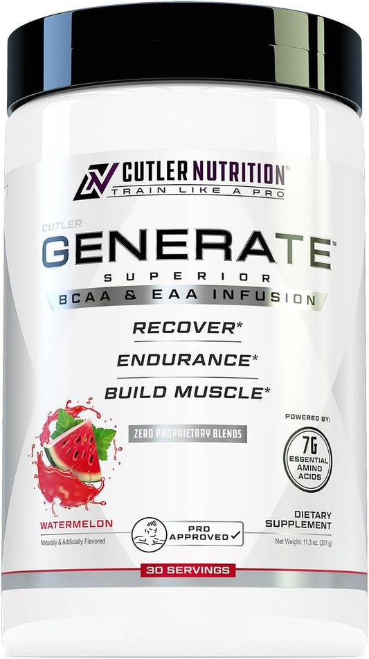 Generate EAA and BCAA Powder: Best Post Workout Recovery Drink and Branched Chain Amino Acids Supplement with Essential Amino Acids, 5G Bcaas, 2G Eaas for Lean Muscle Mass | Watermelon, 30 Servings | 11.3 Oz | 5G Bcaas and 2G Eaas per Serving for Post-Workout Recovery, Hydration, Lean Muscle Support and Protein Synthesis