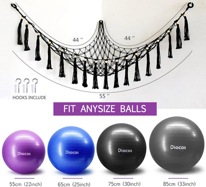 Exercise Ball Holder Yoga Ball Rack Corner Hanging Storage Net or Hammock for Fitness Ball Balance Ball Organizer Pregnancy Stability Ball Swiss Balance Ball for Yoga Studio and Gym
