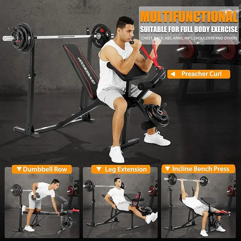 OPPSDECOR 900LBS Weight Bench Set with Squat Rack Preacher Curl with Leg Extension Press Set Workout Bench for Home Gym Dumbbell Set Foldable Weight Fitness Equipment Exercise Machine, Adjustable Workout Benches,Summerwins,Father'Sdaygifts