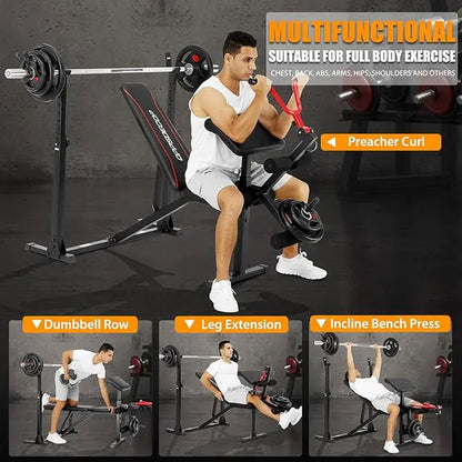 OPPSDECOR 900LBS Weight Bench Set with Squat Rack Preacher Curl with Leg Extension Press Set Workout Bench for Home Gym Dumbbell Set Foldable Weight Fitness Equipment Exercise Machine, Adjustable Workout Benches,Summerwins,Father'Sdaygifts